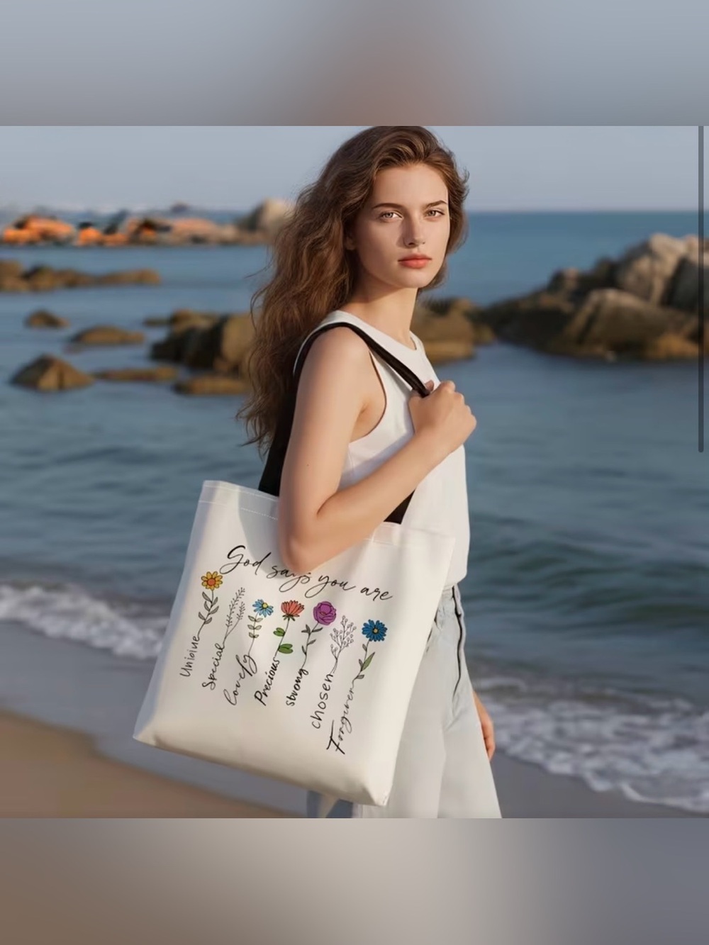 Canvas Floral 'God Says You Are' Tote Bag in Cream - Picture 8 of 10